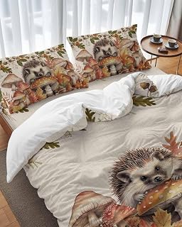 Fall Duvet Cover Set of 4 Twin Size Hedgehog Pine Cone Mushroom Comforter Sets, Maple Leaf Bedding Set with Zipper Closure and 2 Pillow Cases, Soft Bed Covers Bedroom Decor for Thanksgiving All Season