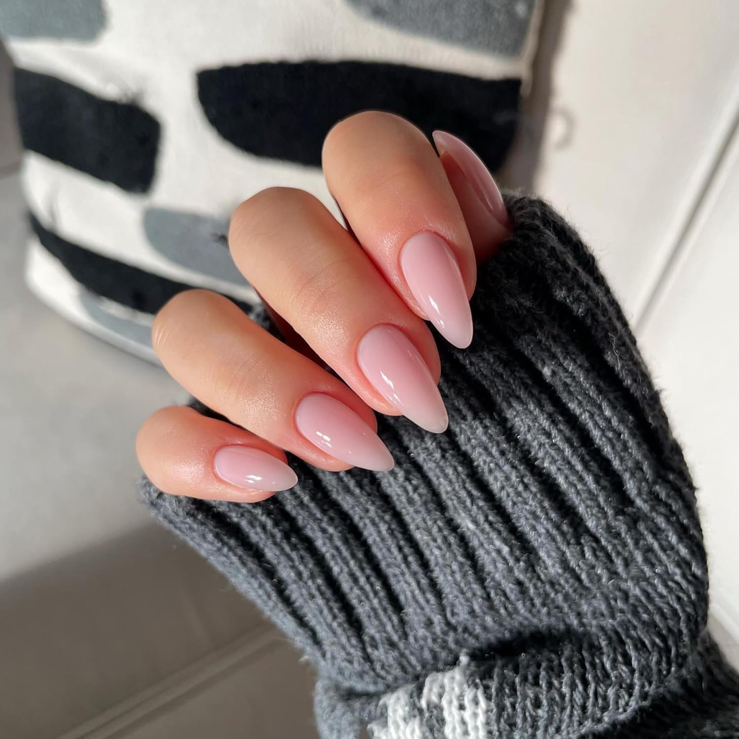 KQueenest Soft Gel Press on Nails Almond Medium, Dusty Light Pink False Nails Almond, Glossy Solid Nude Pink Fake Nails Set - Image 2
