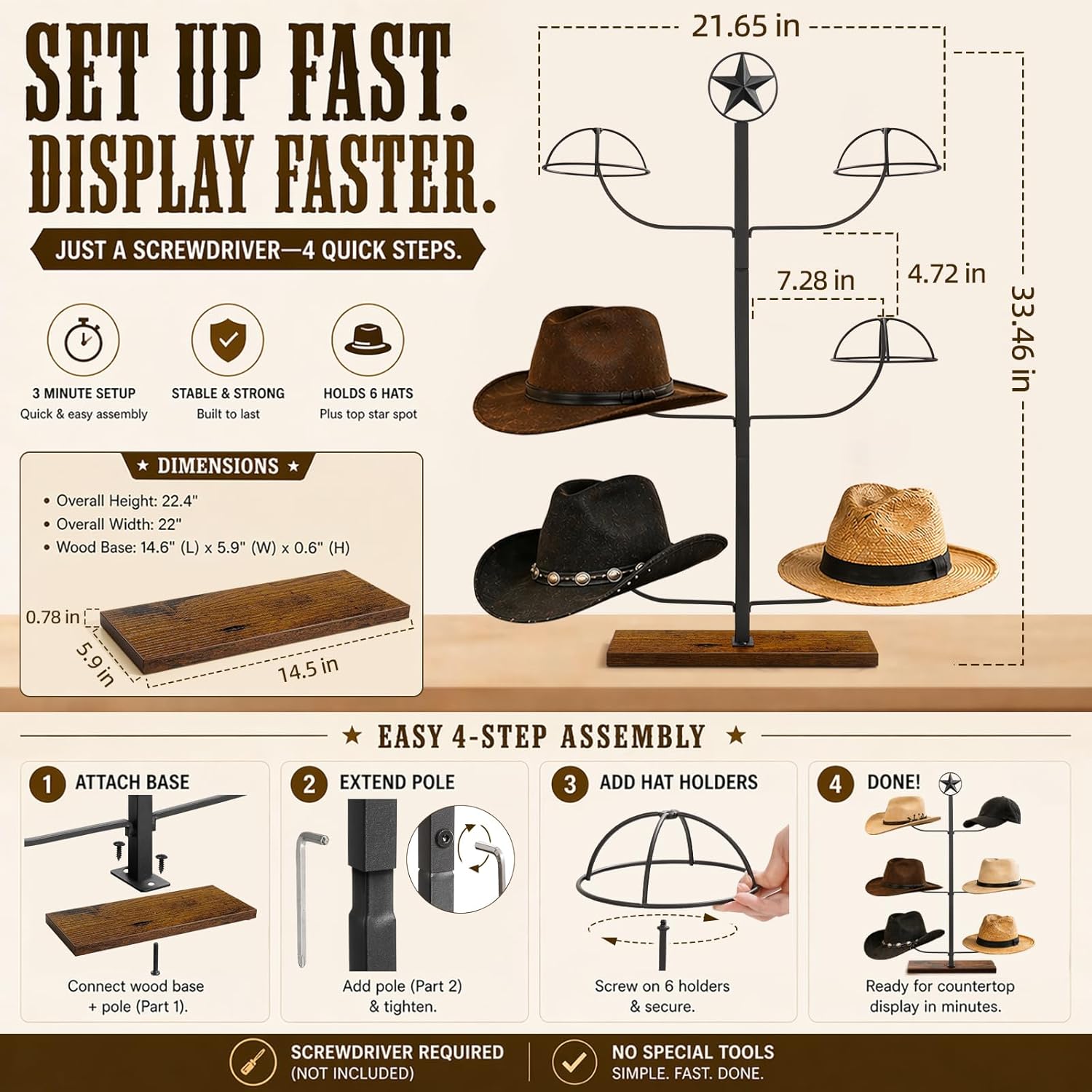 Cowboy Hat Rack for Retail Display, 6 Hat Countertop Hat Display Stand with Wood Base, Freestanding Hat Display Rack and Western Hat Organizer for Cowboy Hats, Fedoras, Caps, Vendor Booth, Closet