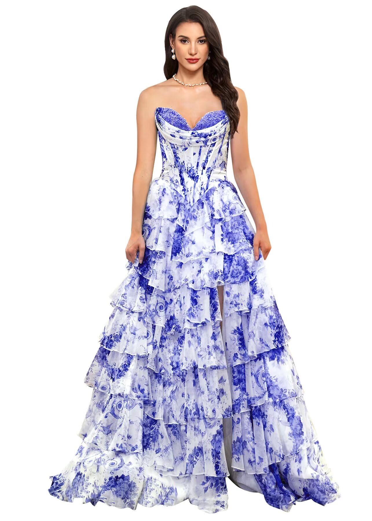 Floral Prom Dress Long Ruffle Ball Gown Tiered Chiffon Strapless Corset Sweetheart Formal Evening Gowns