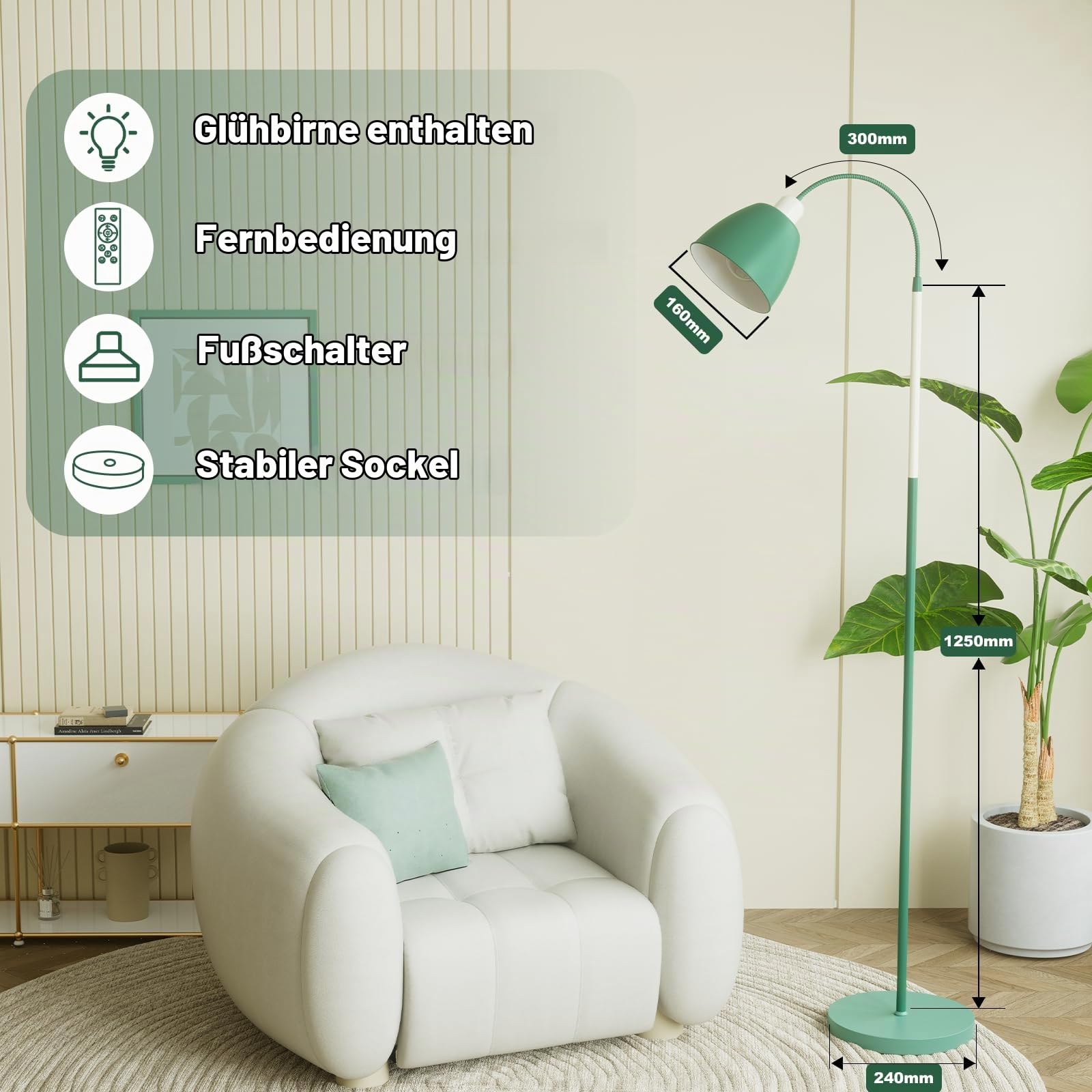 SIBRILLE E27 Leselampe Stehlampe Wohnzimmer Dimmbar mit Fernbedienung, 3000K-6000K Höhe 168cm Max 60W Deckenfluter Dimmbar Flexibler Schwanenhals Leselampe Mit LED-Lampe(Schalenform)