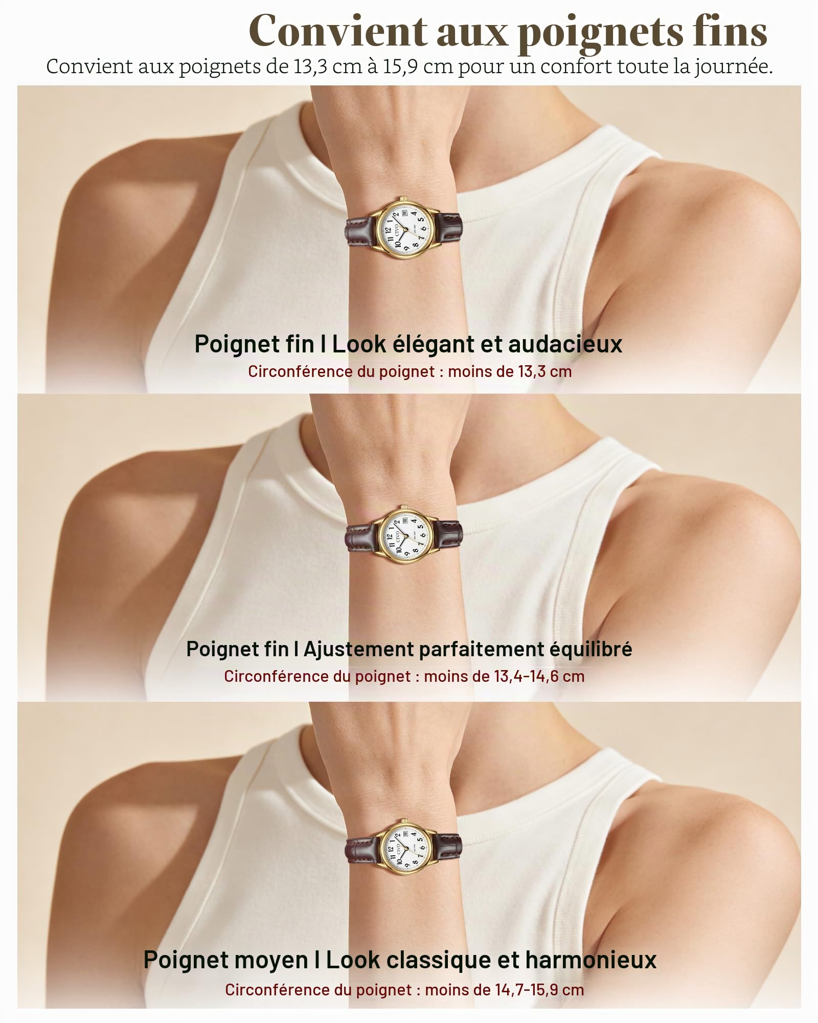 CIVO Montre Femme Vintage Analogique: 25MM Petite Cadran Chiffres Clairs Lisibles Bracelet Cuir Souple Légère Etanche avec Date - Cadeau Fête des Mères Saint-Valentin