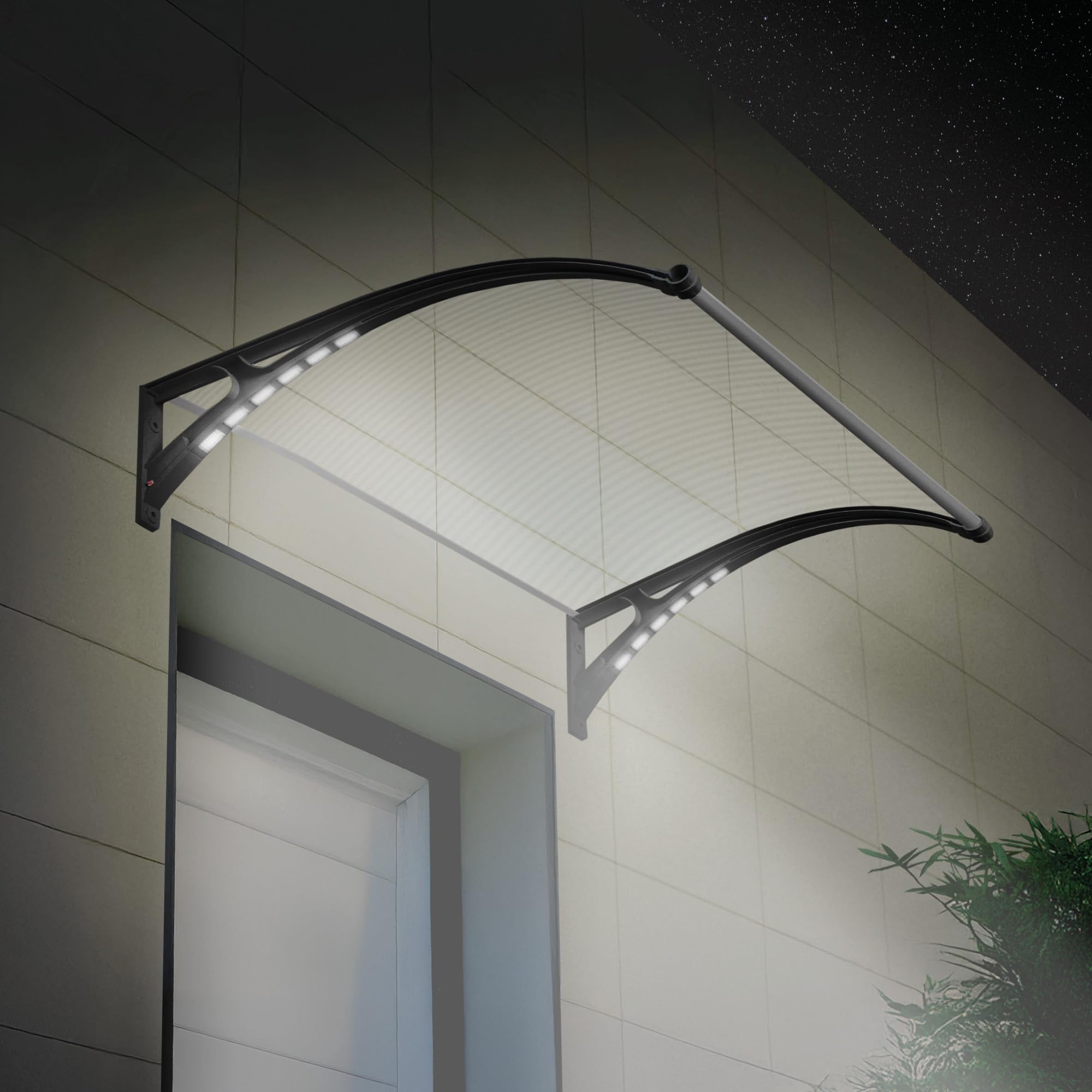 Wasabi - Marquesina Puerta Exterior 150x100cm Light Solar LED – Policarbonato 5,2mm – Soportes Reforzados de Plástico – Incluye Luz Solar LED – Tejadillo Protección Lluvia Ventana Resistente