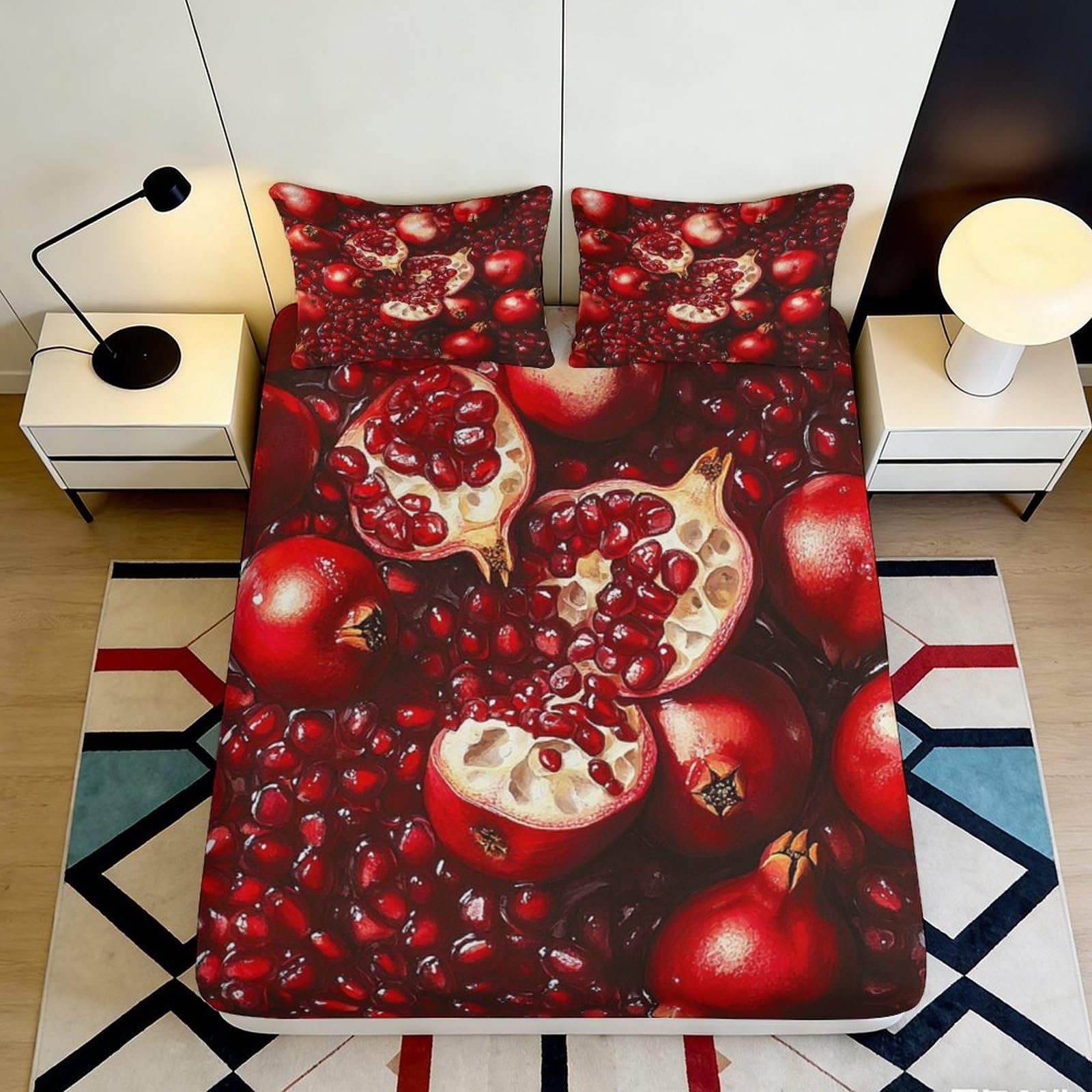 3D Printed Pomegranate Fruit Fitted Sheet Microfiber Soft Red Artistic Bed Cover for Bedroom Dorm Mattress Protection 90x200x25cm