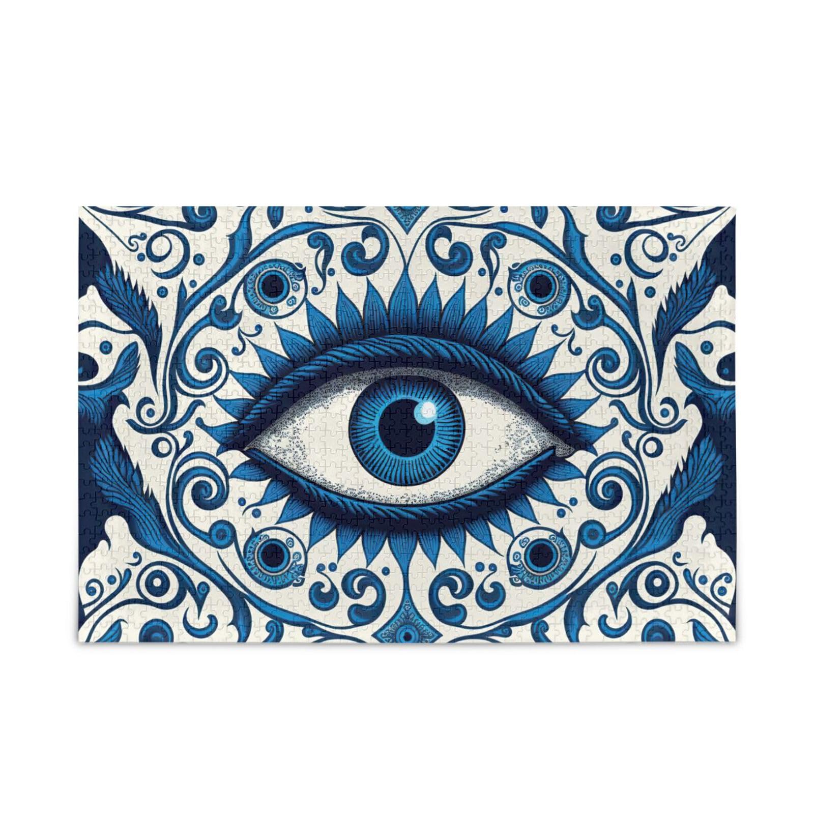 WOIWB Jigsaw Puzzle 1000 Pieces Adults Blue Evil Eye Theme with Alphabet Back Side, Family Entertainment Zigsaw Puzzle with Storage Bag