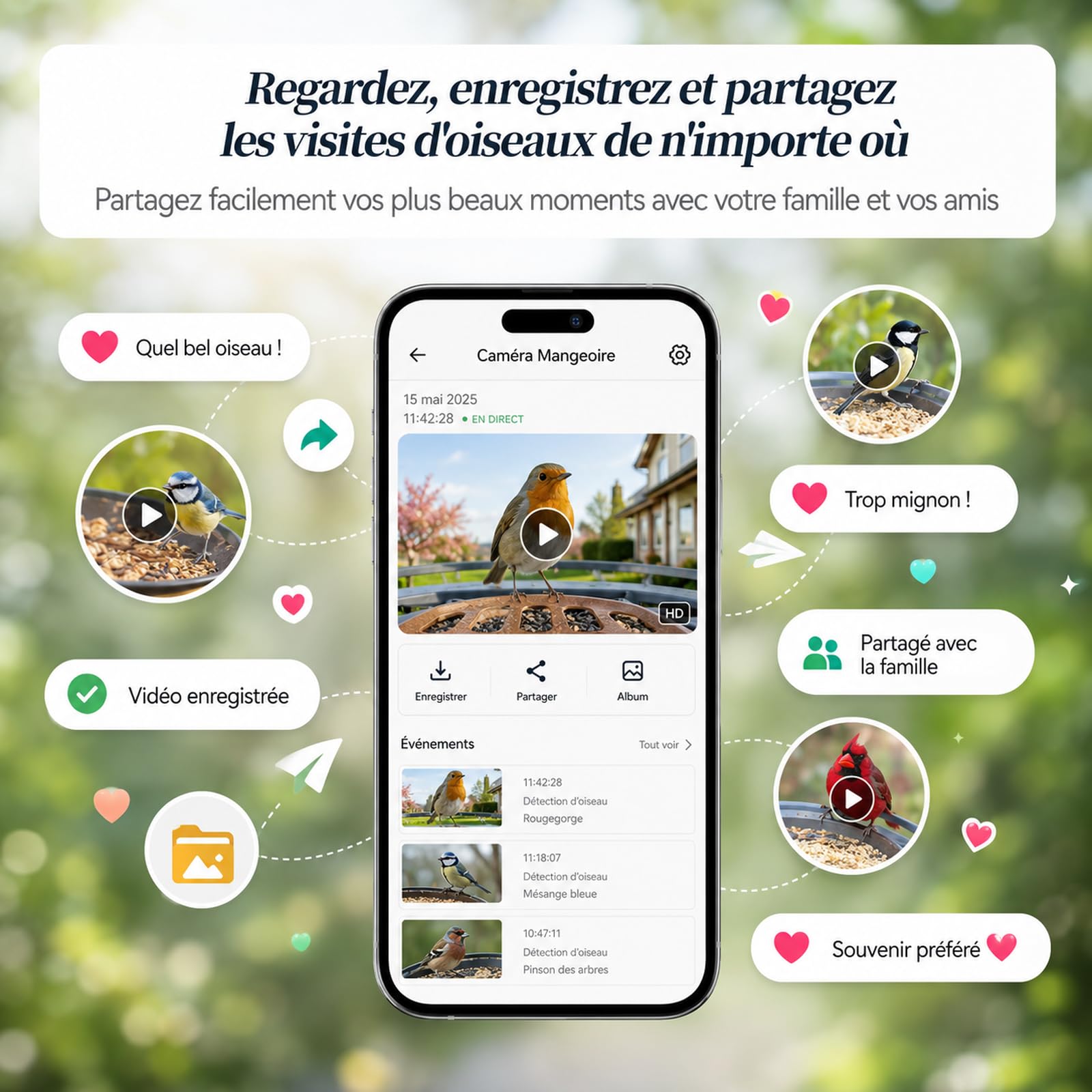 Mangeoire oiseaux extérieur avec caméra 2K, reconnaissance IA des espèces via application, solaire, WiFi 2,4/5 GHz, vision nocturne, notifications instantanées