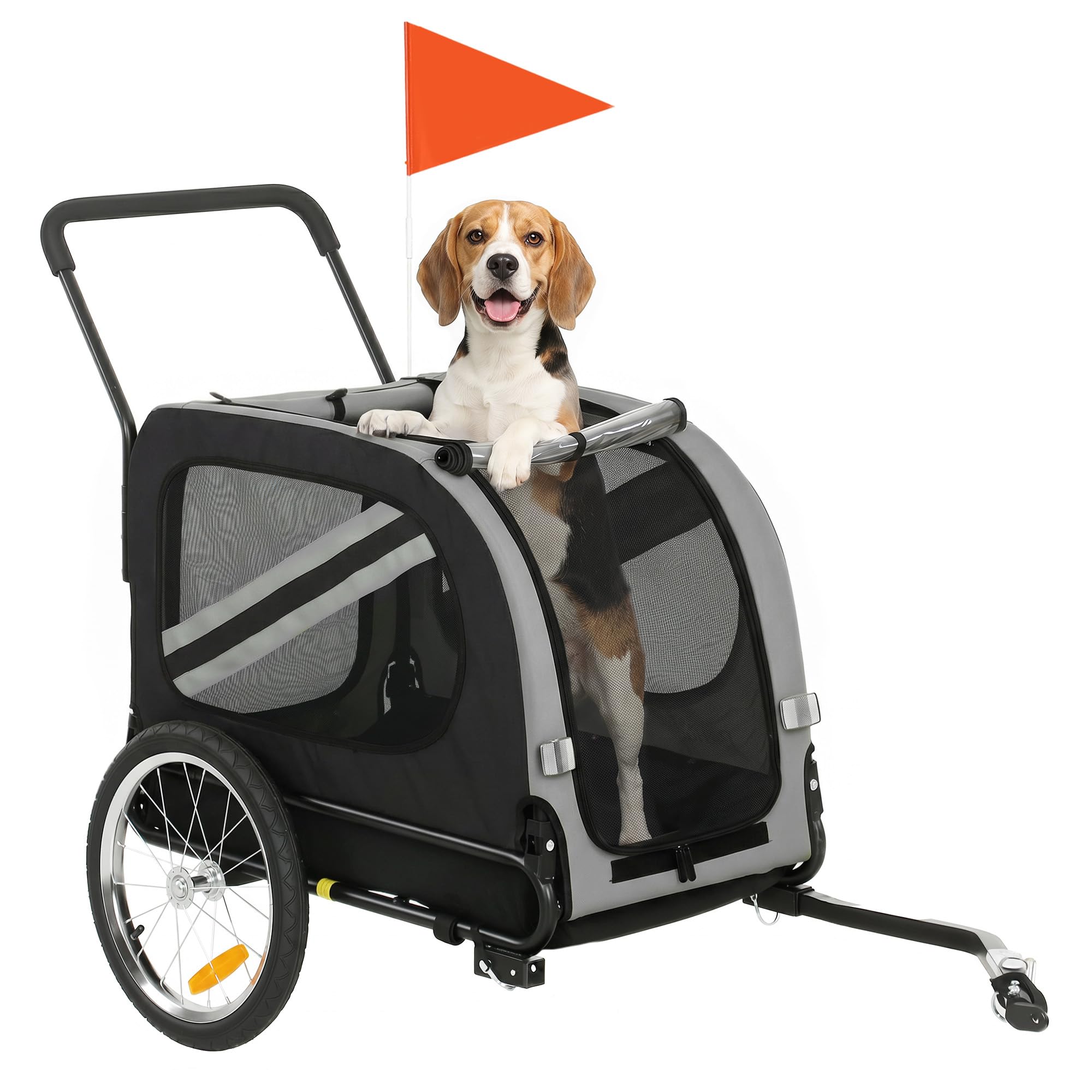 PawHut Dog Bike Trailer, 2 in 1 Folding Safety Harness Reflectors Quick Release Wheels Flag for Medium Dogs 134 x 60 x 101 cm