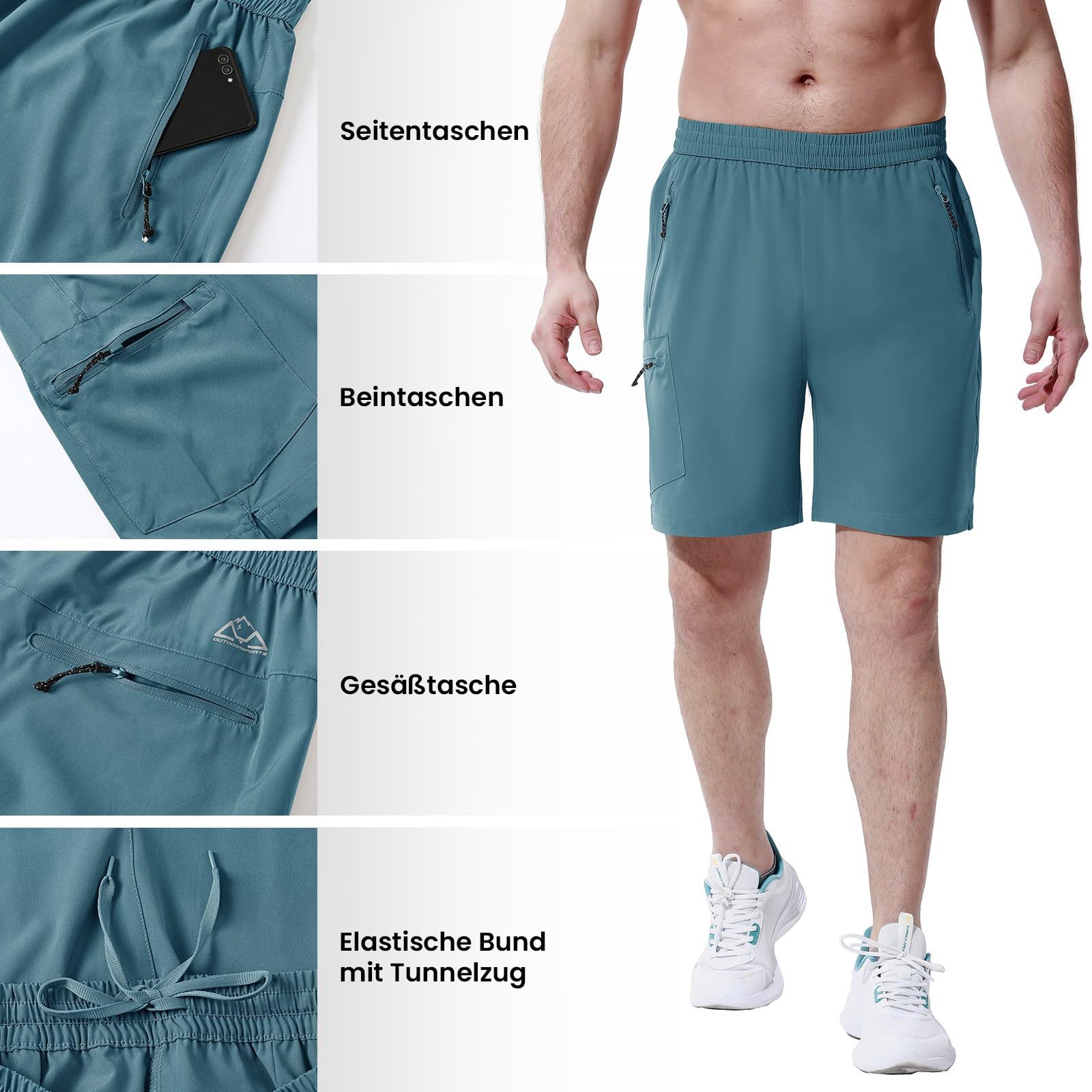 Rdruko Pantaloni corti da uomo, sportivi, elasticizzati, da trekking, estivi, ad asciugatura rapida, con 4 tasche con cerniera