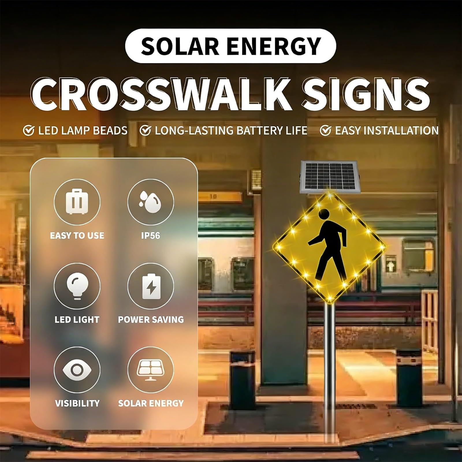 Zasilana energią słoneczną, migająca tabliczka na przejście dla pieszych (61/76 cm) z zasilaniem energią słoneczną, nierdzewna aluminiowa rama, szkoły, obszary miejskie i instalacje mieszkalne (30