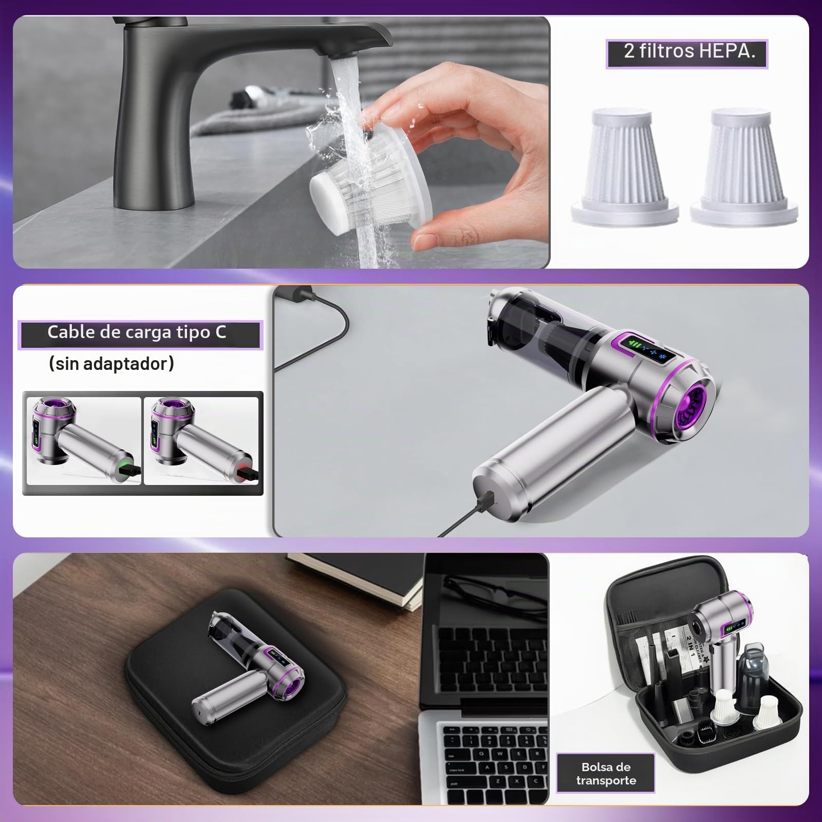 Aspiradora de mano con batería, aspiradora de coche inalámbrica de 22000 Pa, mini aspiradora, recargable, portátil, ligera y fuerte, 220.000 rpm, soplador de polvo eléctrico para el coche