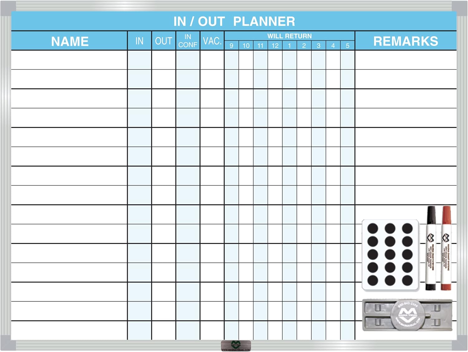 Magna Visual Magnetic Dry Erase in/Out Planner Kit (18" x 24" 15 Name, Black & White) with Aluminum Frame, Steel Board