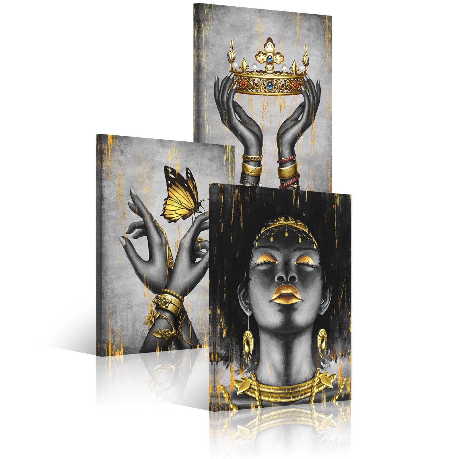 WELMECO Elegant African American Woman with Gold Crown Fashion Accessories Painting Giclee Prints Black Girl Canvas Poster Gallery Wrapped Artwork for Bedroom Living Room Makeup Room Decoration