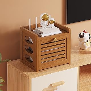 Desktop WiFi Router Storage Box Wooden Organizer Router Hider Box with Doors and Shelves for Office and Home Bedroom Living Room.(Brown,30.5x20x28cm)