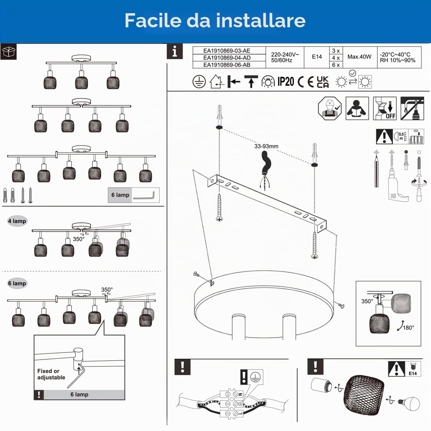 ANWIO Faretti LED da Soffitto Orientabili con 4 Luci E14, Faretto da Interno Moderna, Faretti Soffitto per Barra, Salotto,Cameretta, Cucina (Senza Lampadina)