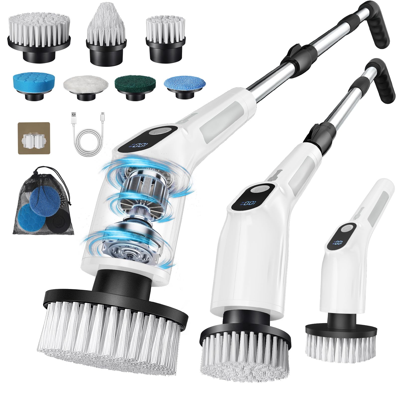 Electric Spin Scrubber for Cleaning Bathroom - Upgraded Dual Switch Cleaning Brush - IPX7 Waterproof Power Scrubber with 7 Brush Heads, Extended Handle and 2 Speeds for Bathroom Shower Bathtub Floor