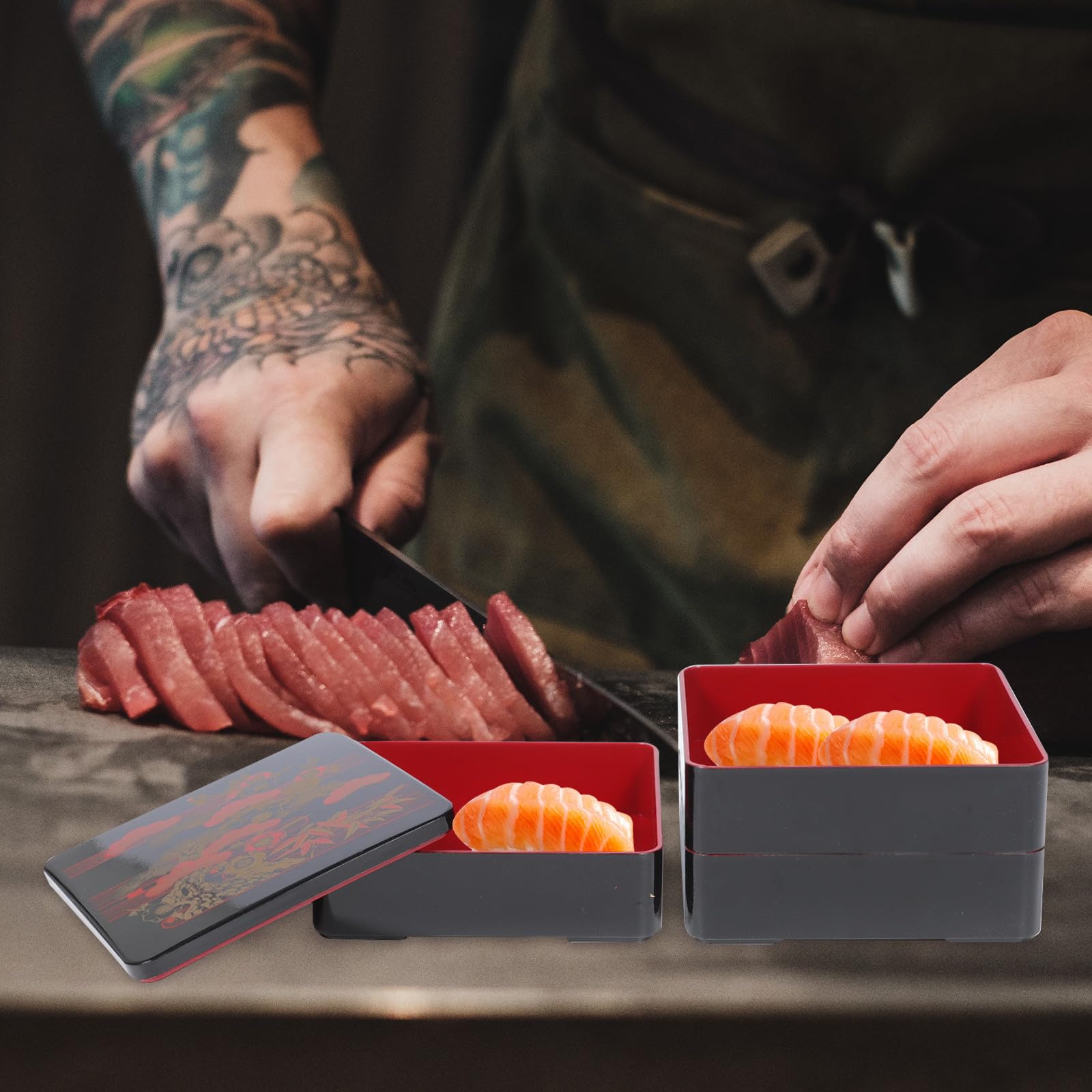 KICHOUSE Scatola Bento Box Giapponese a 3 Strati in Abs Motivo Pine Bamboo Plum, Contenitore Ermetico per Sushi e Riso, Adatto per Pranzo e Picnic