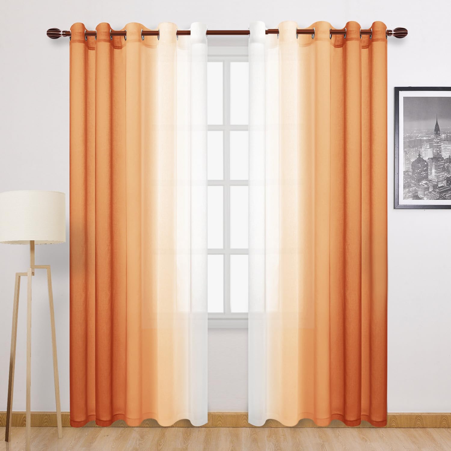 DWCN Ombre Faux Linen Curtains, Extra Wide, Sheer Gradient, Semi Voile, Light Filtering, Grommet Top, Bedroom, Living Room, 2 Panels, 60 x 84 inch, Sunset Orange โ image 1