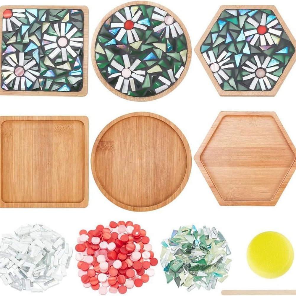Hndhbfgrt Mosaic Handicraft Kit- Adult Floral Mosaic for Beginners Bamboo Coaster Set, DIY Coaster Material Package Simple