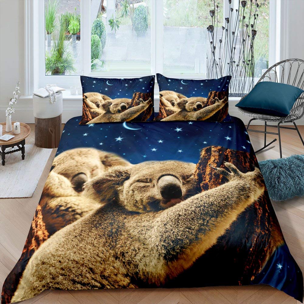 3D Koala Duvet Cover Galaxy Bedding Set Starry Sky Comforter Cover Set Single Size Cute Wildlife Animal Branch Bedspread Cover For Kids Boys Girls Teens Gift Brown Blue Room Decorative