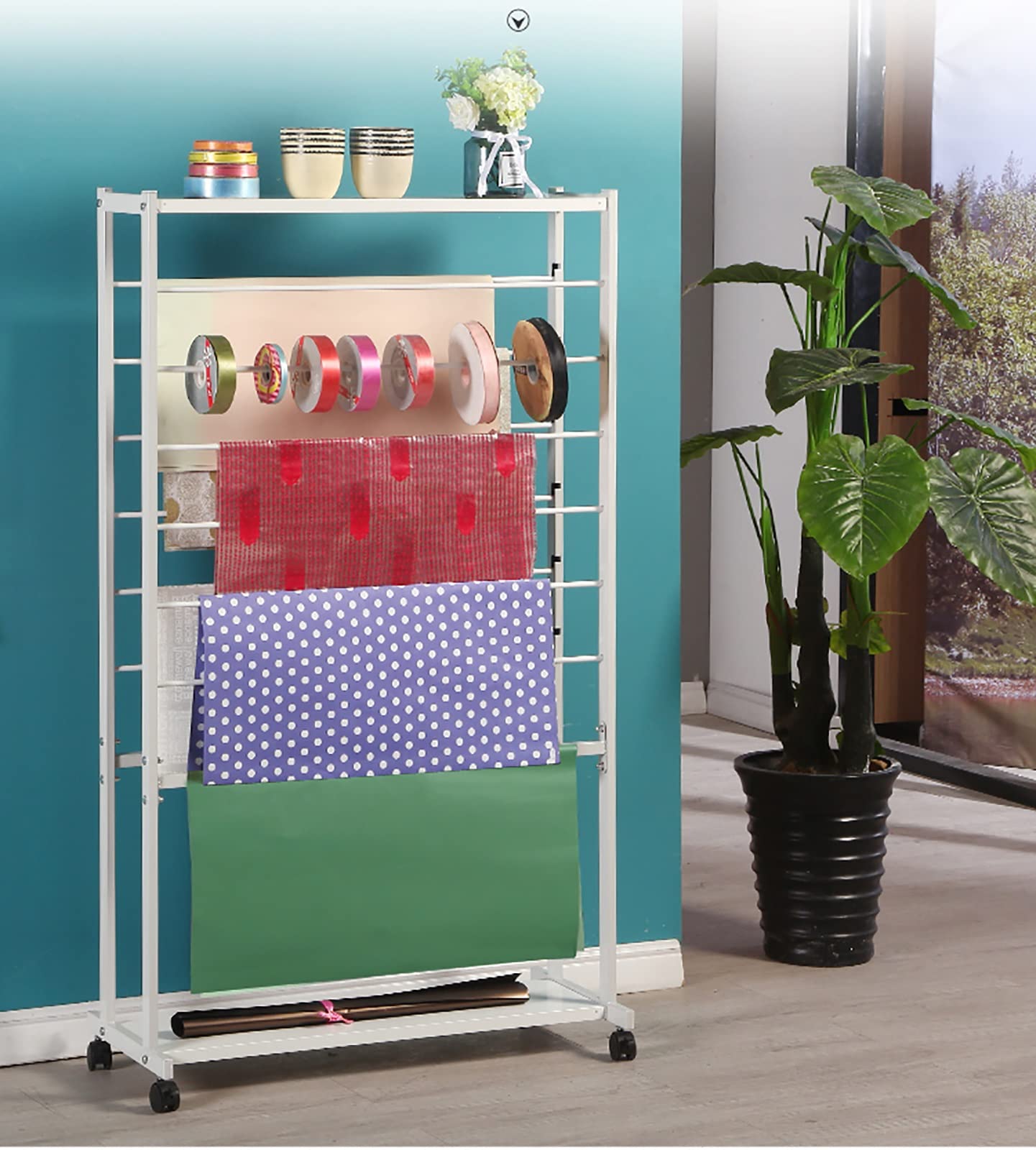 UWYTGF Large Capacity Multi-Purpose Display Stand Holder for Scarf/Wrapping Paper/Ribbons,Double-Sided Heavy Duty Metal Storage Organizers Rack,Space Saving,White