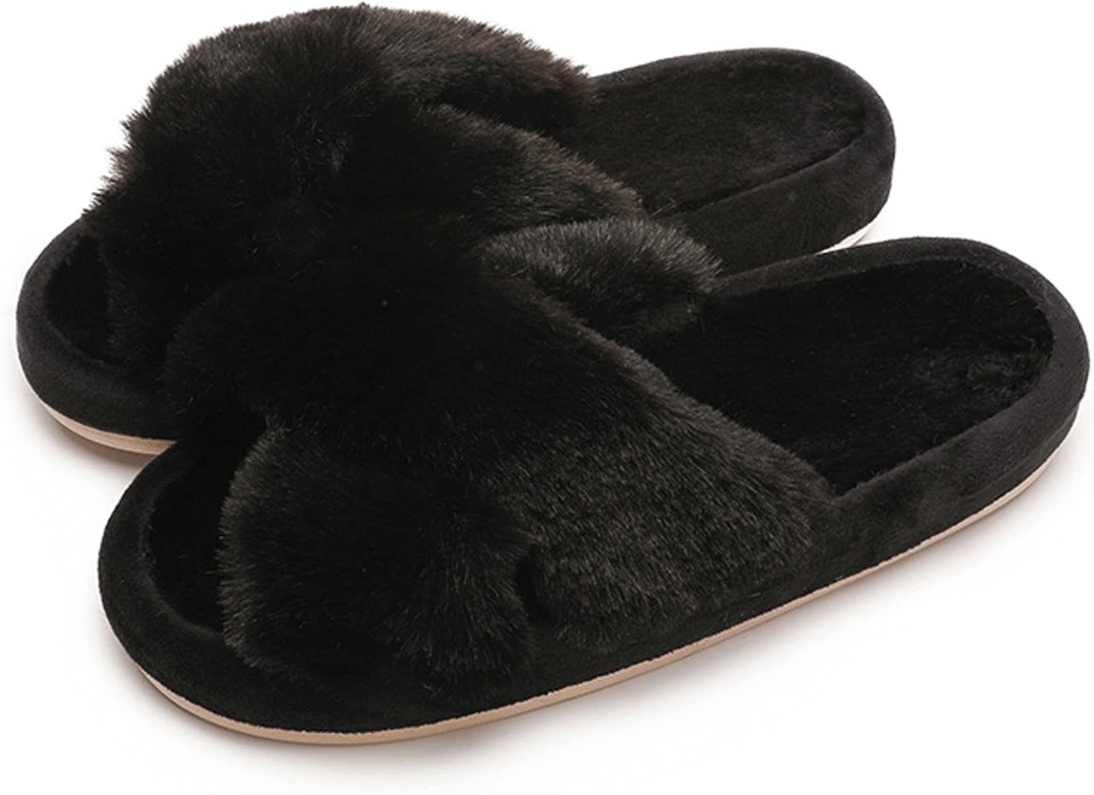 MEZON Women's Fuzzy Cross Band House Slippers Soft Plush Furry Fur Open Toe Cozy Memory Foam Winter Warm Comfy Slipper Indoor Outdoor Slippers for Women and Girls (Random Color)
