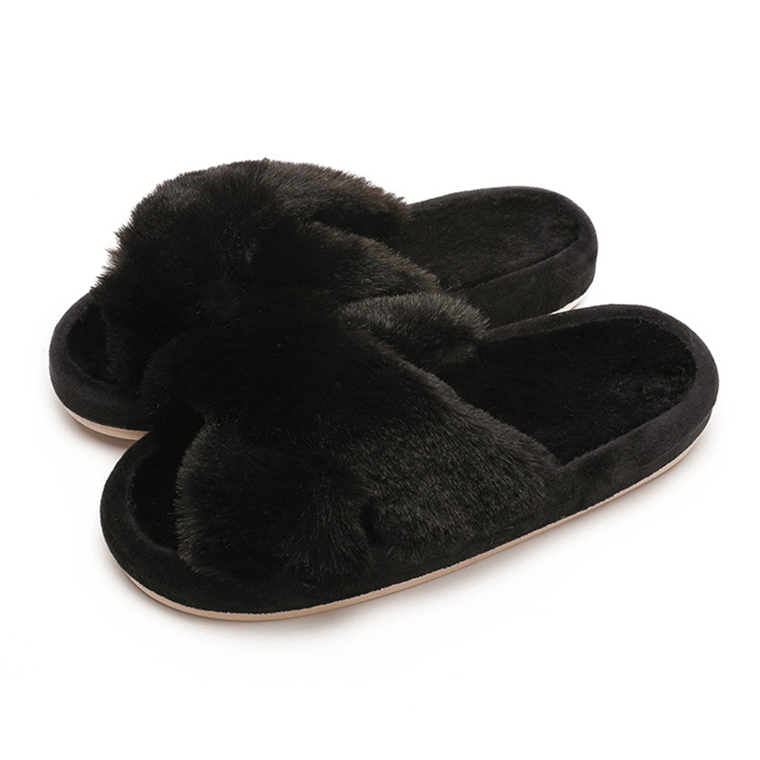 MEZON Women's Fuzzy Cross Band House Slippers Soft Plush Furry Fur Open Toe Cozy Memory Foam Winter Warm Comfy Slipper Indoor Outdoor Slippers for Women and Girls (Random Color)