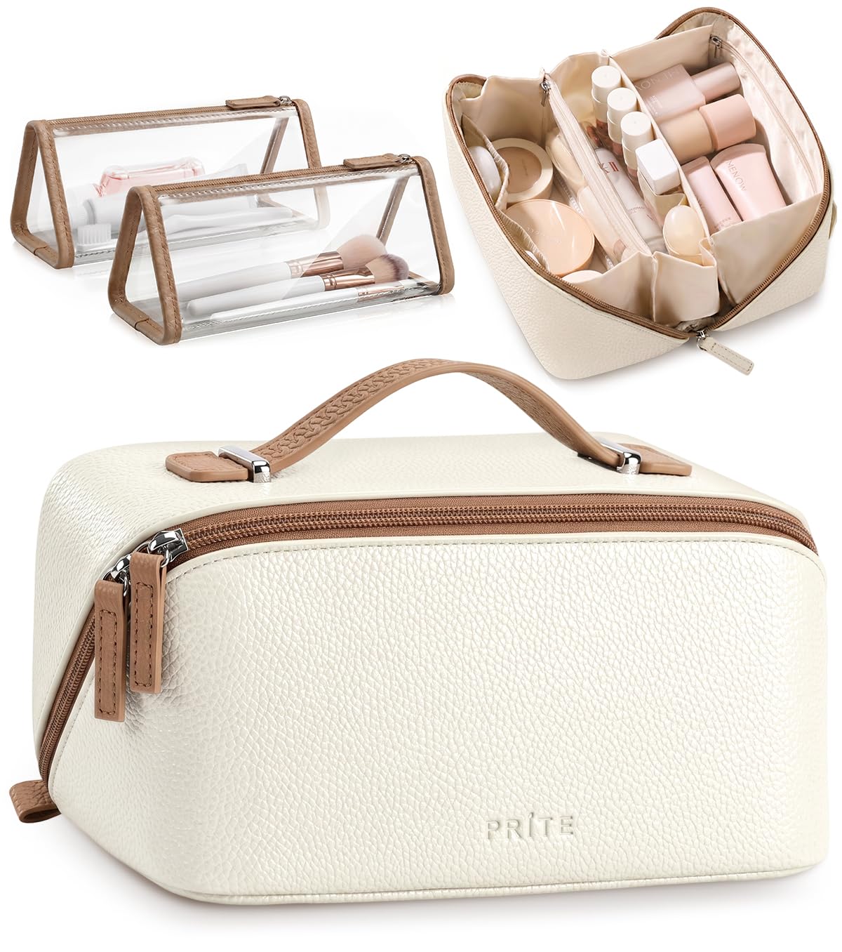 Prite 3 Pcs Trousse de Maquillage Voyage Femme avec 2 Poches en TPU, Beige | Trousse de Toilette, Vanity Case, 3 Compartiments, Pochette à Pinceaux, Hydrofuge, Cuir Vegan Grainé, Coffret Cadeau Inclus