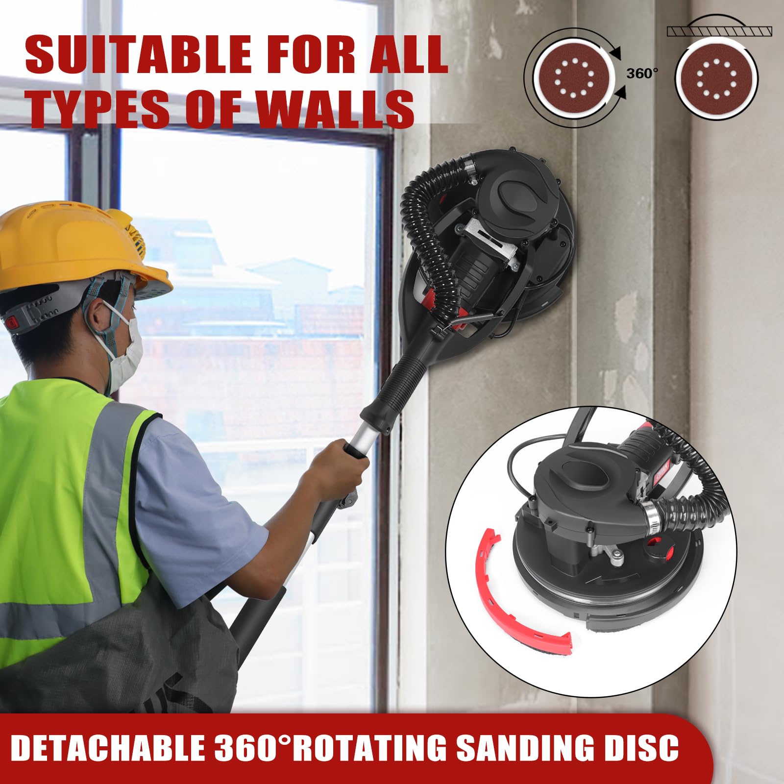 Trockenbauschleifer 880W, 5 Geschwindigkeiten Schleifgiraffe 1000-2100 U/min, Wandschleifer faltbar,Ausziehbarer Griff, LED, Staubschlauch & Tasche mit 12 Schleifscheiben