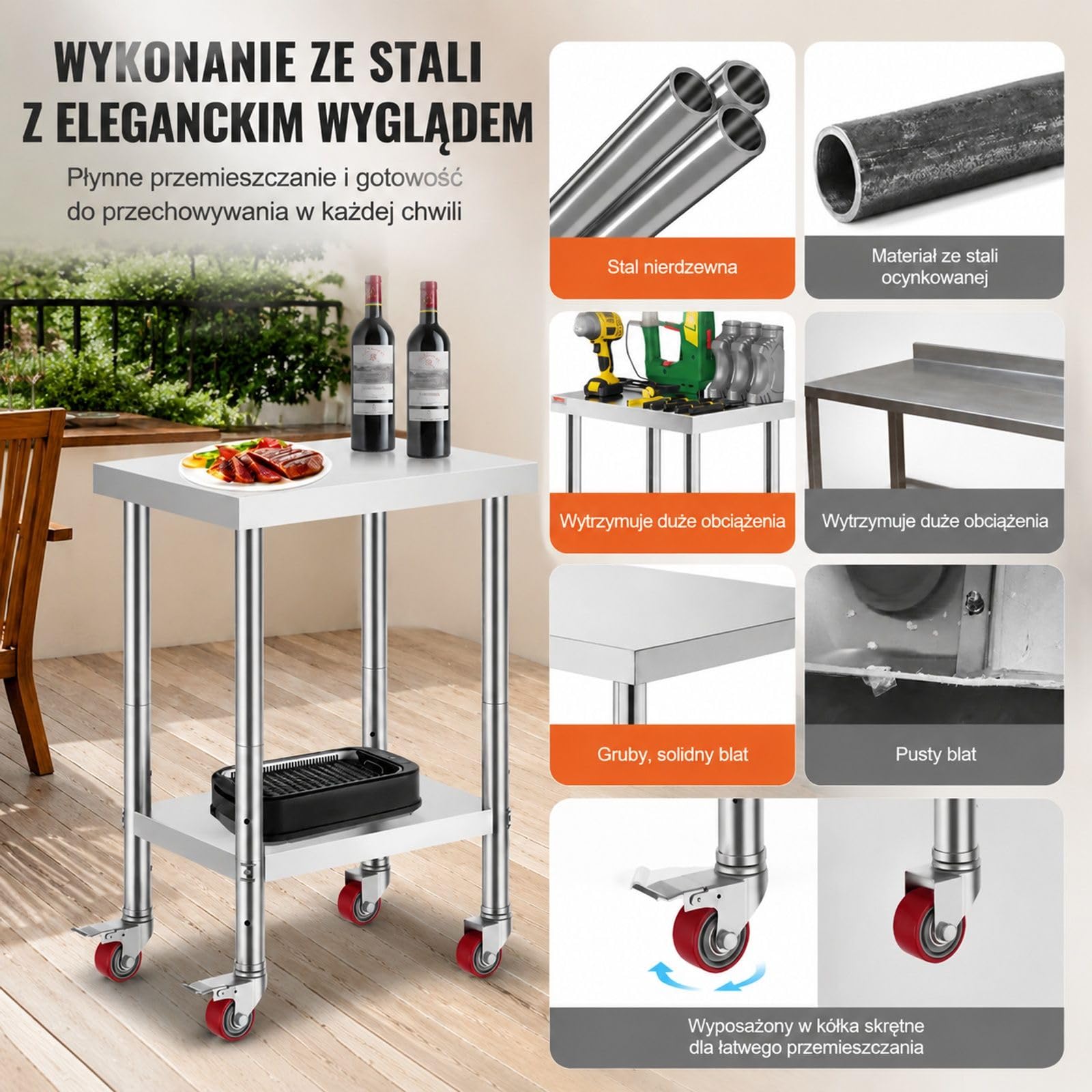 Stół roboczy ze stali nierdzewnej z dwiema półkami, regulowaną dolną półką i 4 kółkami do kuchni, baru i restauracji