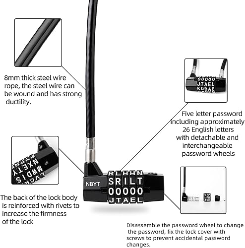 Miniatura 3 de Cerradura de combinación reiniciable de 5 palabras, cerradura de letra, candado de seguridad para el hogar con cable antirrobo de 0.315 pulgadas
