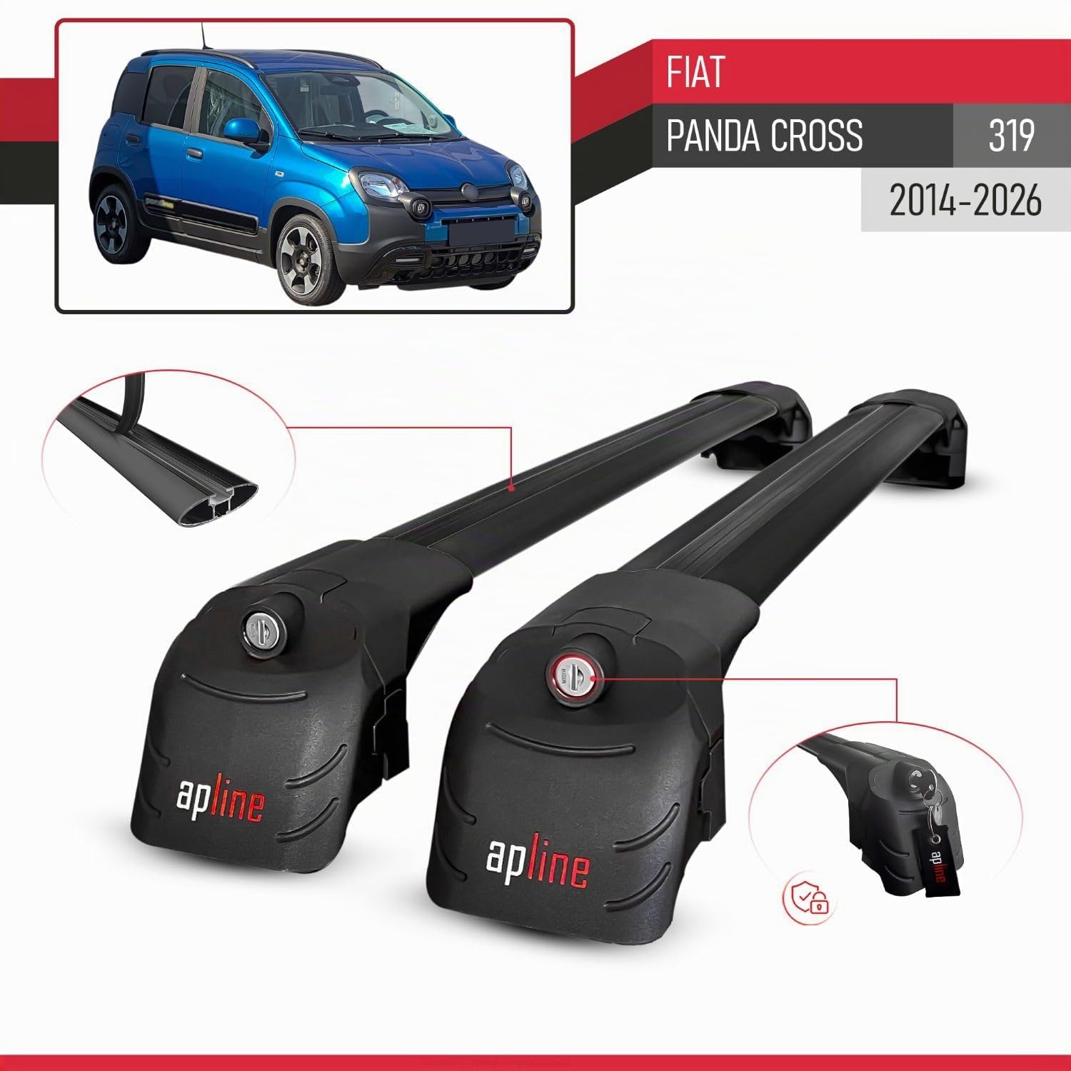 Compatibile con Fiat Panda Cross (319) 2014-2026 Modello ACE-2 Barre Tetto Portapacchi Auto Barre Portatutto Nero Alluminio 2 Barre