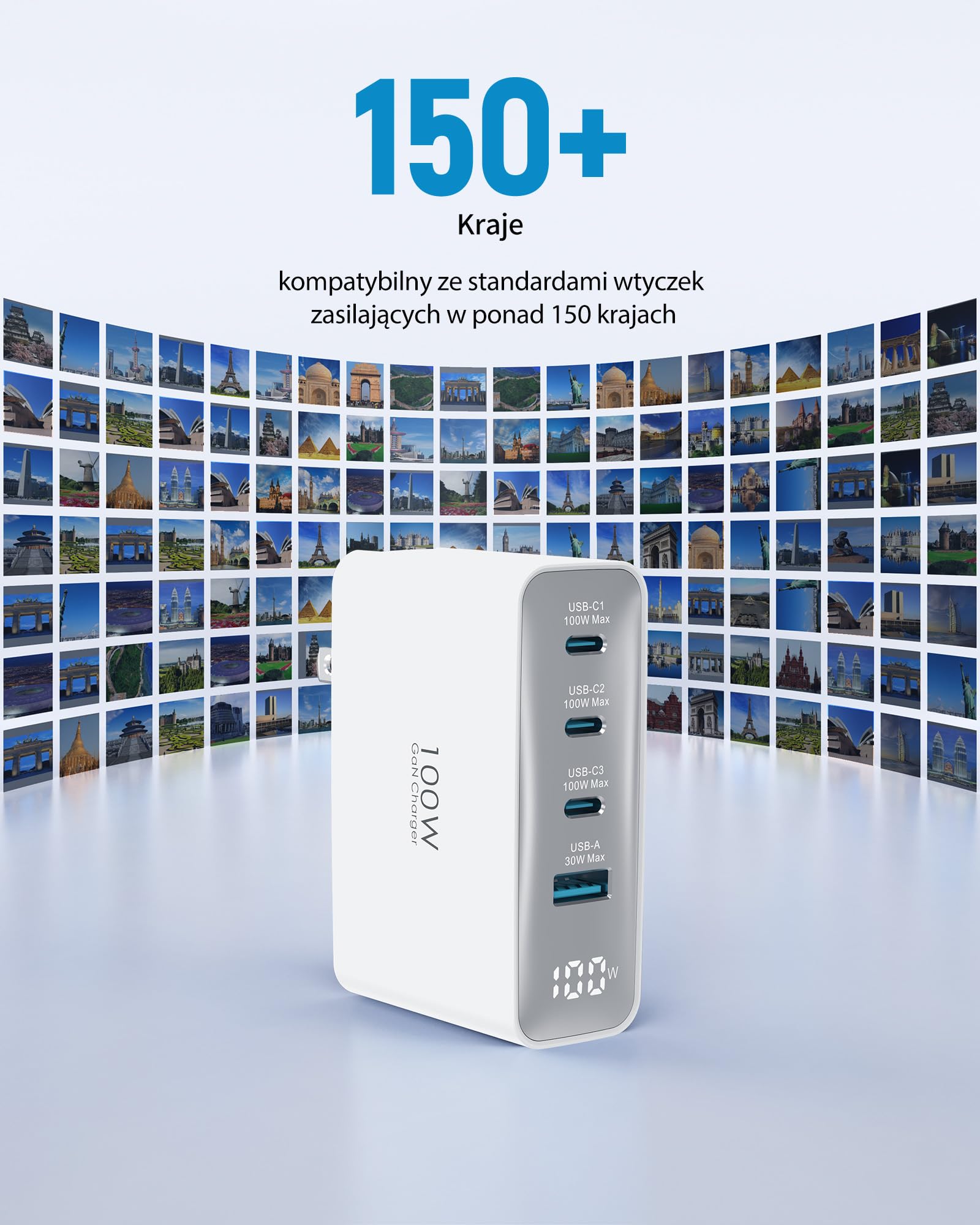Ładowarka podróżna USB C 100W, składana 4-portowa ładowarka ścienna z wtyczkami UK/EU/AU, szybkie ładowanie dla MacBook Pro/Air, do iPad Pro, do iPhone 15/14 Pro Max, dla Galaxy 45 W, Biały