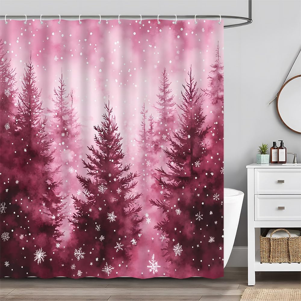 Winter Forest Snowy Shower Curtain Pink Christmas Tree Pine Spruce Trees Mist Fir Farmhouse Xmas Snowflakes Nature Landscape Rustic Bathroom Decor Set with Hooks