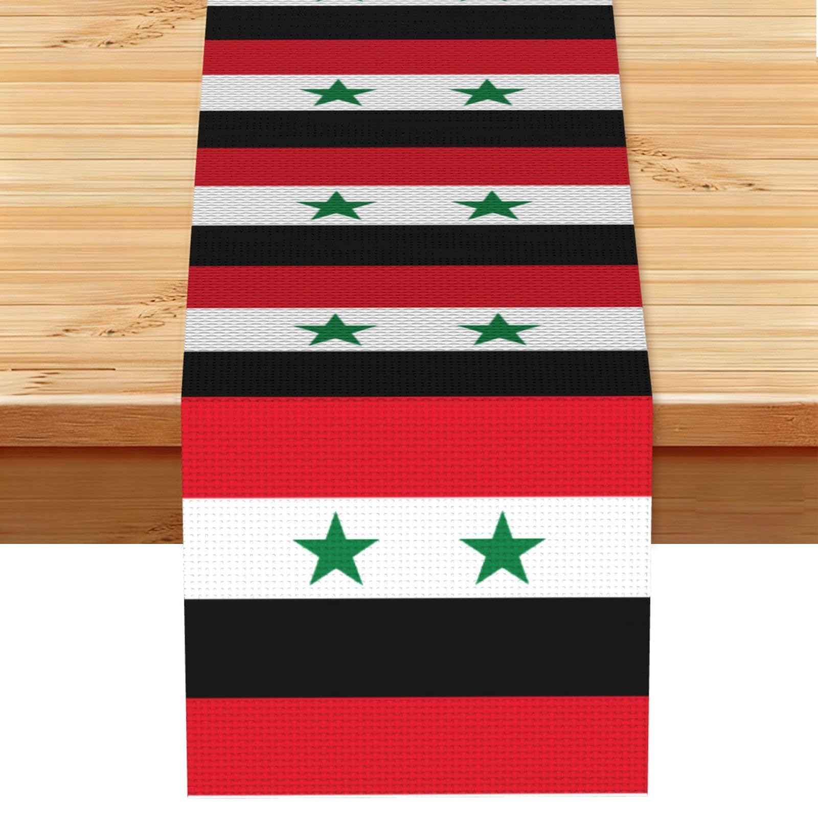 Flag of the Syrian Arab Republic Linen Look Table Runner 13x72-Wrinkle Resistant Farmhouse Style for Dining Table Decor