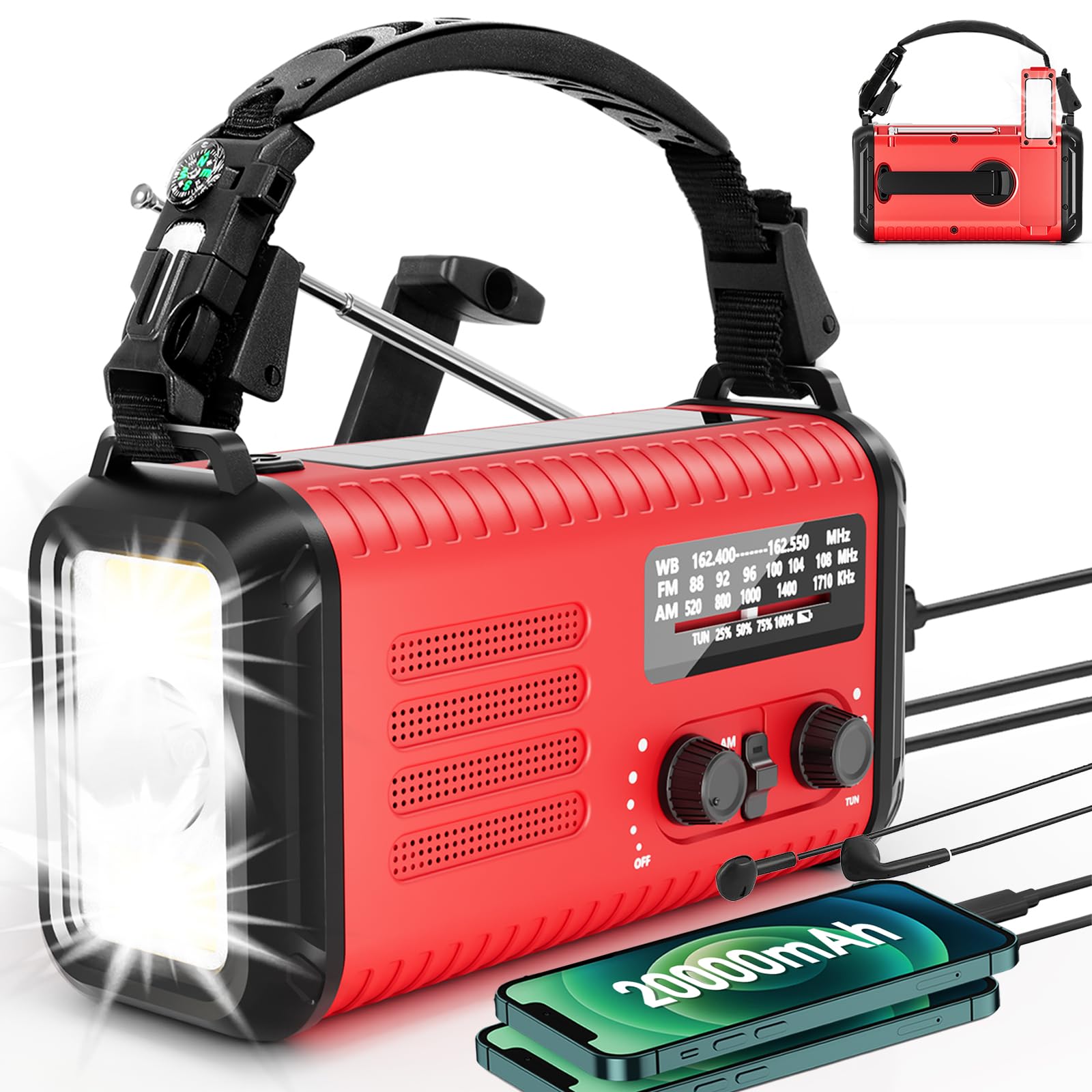 Radio Météo D'urgence à Manivelle Et Solaire - 12000 MAh - AM/FM/NOAA - Lampe Torche 3 Modes - Pour Maison Et Survie En Extérieur