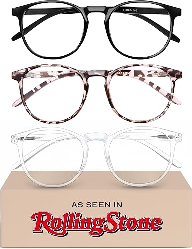 IBOANN Paquete de 3 lentes de bloqueo de luz azul para mujeres y hombres, marco retro redondo de moda, anteojos falsos vintage con lente transparente
