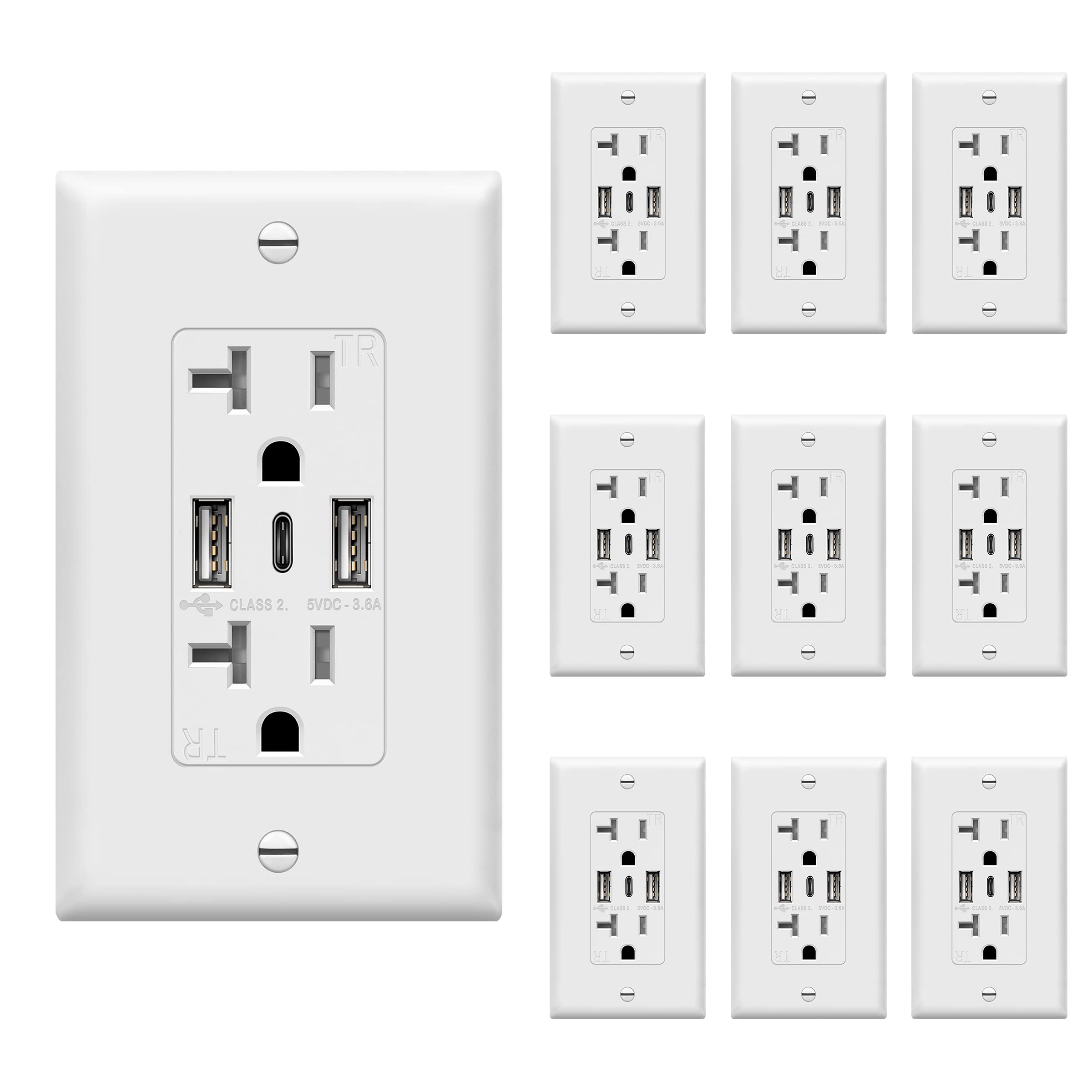TOPGREENER USB Outlet, 3-Port Type C USB Wall Outlet, 20 Amp Tamper-Resistant Receptacle Plug, 20A Charging Power Outlet with USB Ports, UL Listed, TU22036AC3-W-10PCS, White, 10 Pack