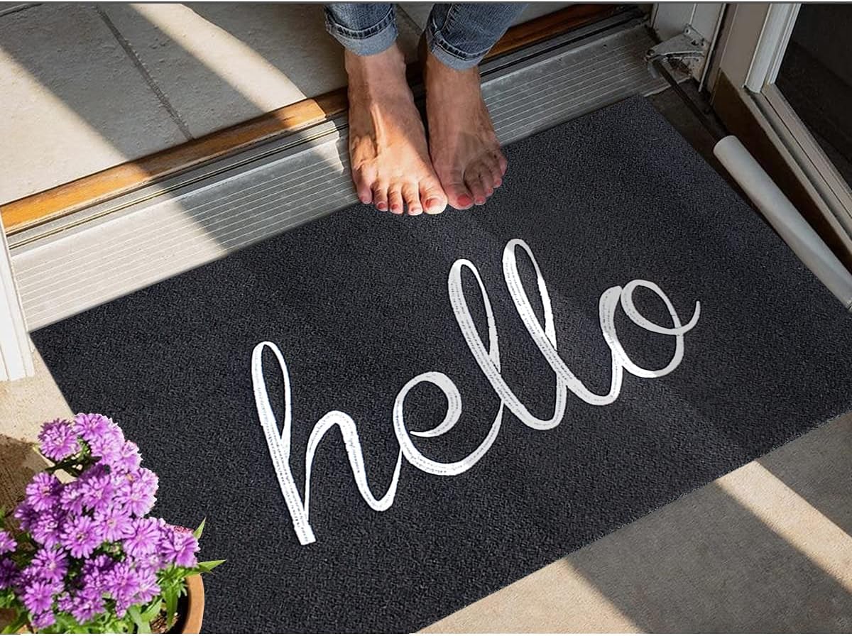 Black Door Mat Hello Welcome Mats for Front Door Durable Natural Rubber Backing Indoor Outdoor Doormat,Super Absorb Mud Easy Clean Heavy Duty Entryway Rug