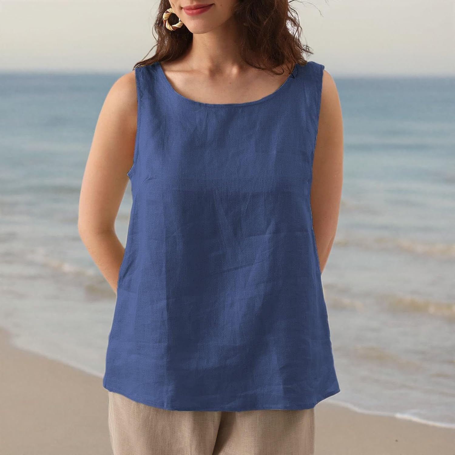 Amazhiyu Natural Linen Sleeveless Tank Tops Basic Summer Casual Crewneck Blouse - Image 6
