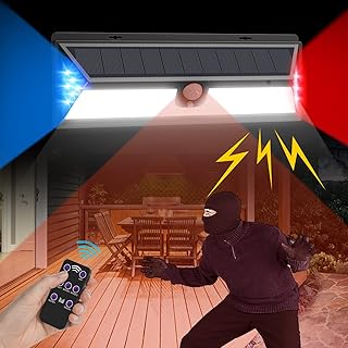 Solar Motion Sensor Security Lights Wall Lights Solar Sound Alarm Strobe Light,4 Modes IP65 Waterproof,Solar Reflector Lights Outdoor LED Motion Sensor Noise Maker with Remote for Garden Patio Yard