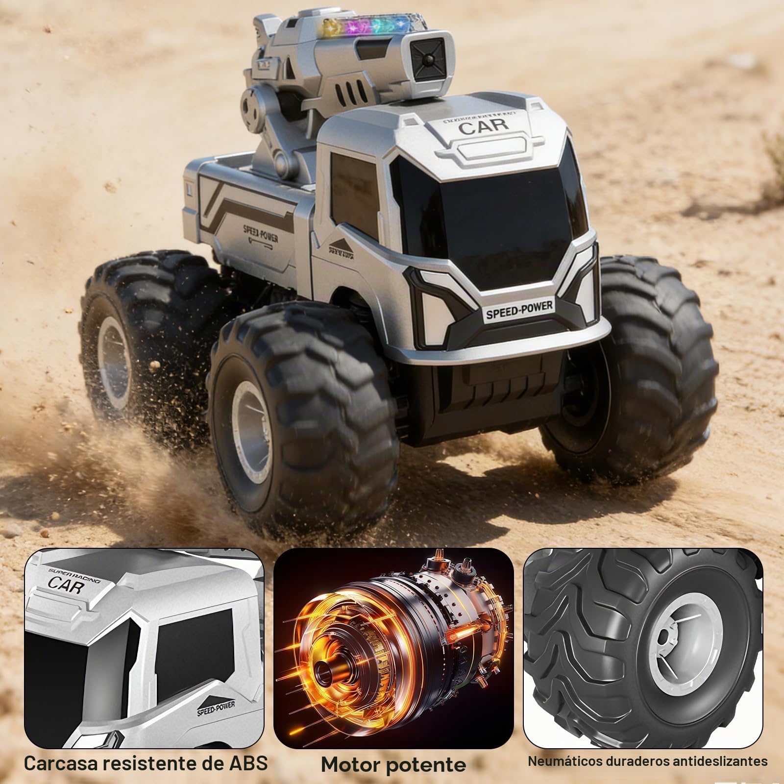 Coche Teledirigido Anfibio con Cañones de Agua, 2.4 GHz RC Coche Teledirigido 360° Rotación y Luces LED, Batería Doble Todoterreno Teledirigido 4x4 Regalo Niños 6 7 8 9 10 11 12 Años
