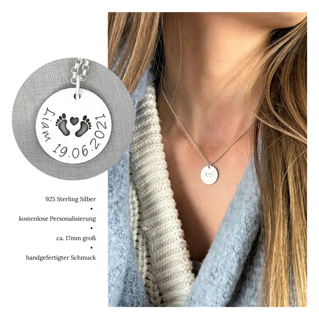 Namenskette zur Geburt 925 Silber Geschenk Schmuck zur Geburt Babyfüße Kette mit Namen Namensketten Mama Halskette Mütter Silberschmuck Gravur | HANDMADE IN GERMANY