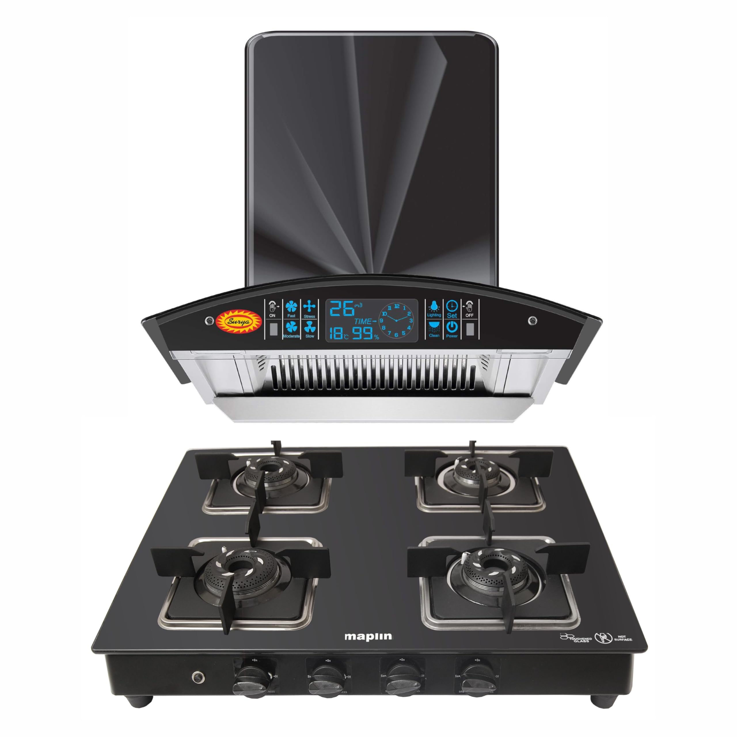 Surya Combo of SS60cm Glass Kitchen Chimney in 60cm & 4 Burner Cooktop-image-11