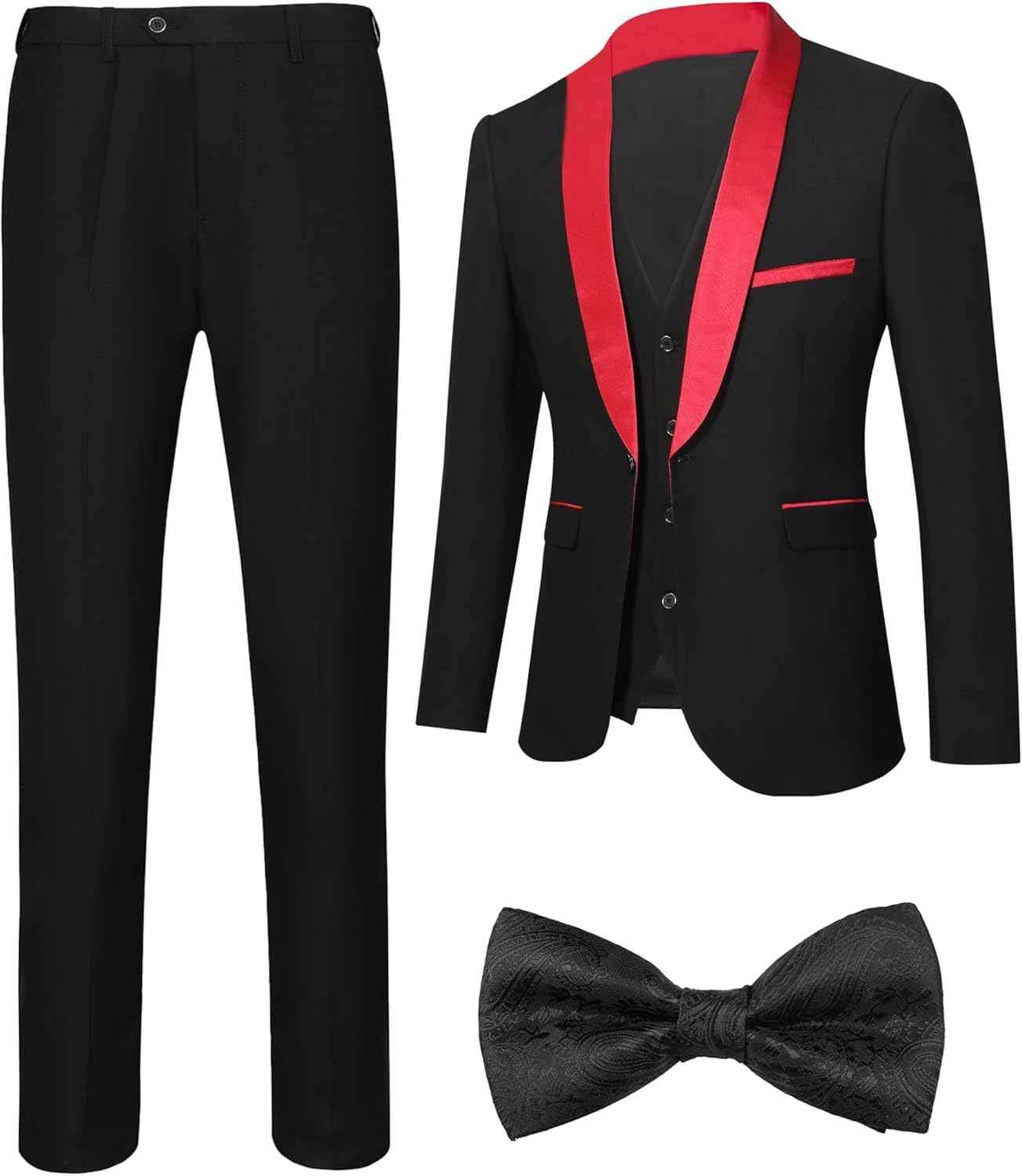 Men's Slim Fit Suit Shawl Lapel with Black Printing Bow Tie 4 Pieces Wedding Prom Dinner Tuxedo Blazer Vest Pants Set