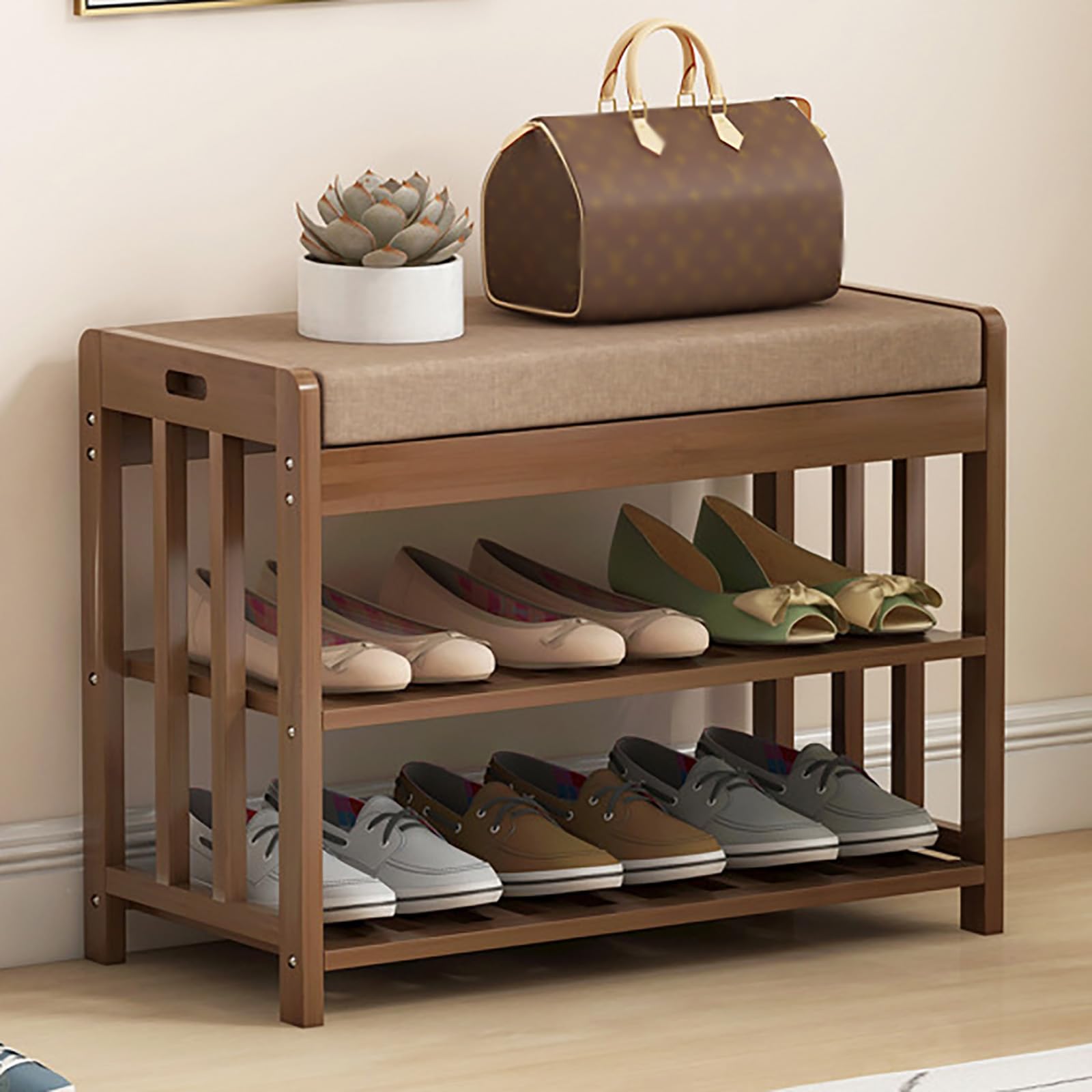 WJFTODAY Multifunctional Bamboo Shoe Bench with Padded Seat Open Storage Rack for Entryway Bedroom Living Room Corridor Stylish and Space Saving (23.6in/60cm)