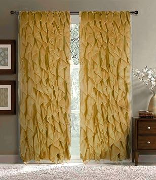 Sapphire Home Cascade Curtain Panels - Ruffled Curtains for Bedroom, Sheer Voile Panels with Vertical Ruffles, Perfect Room Decor, Lush & Romantic, Ruffle Curtains 2 Panels, Cascade 95" Gold/Bronze
