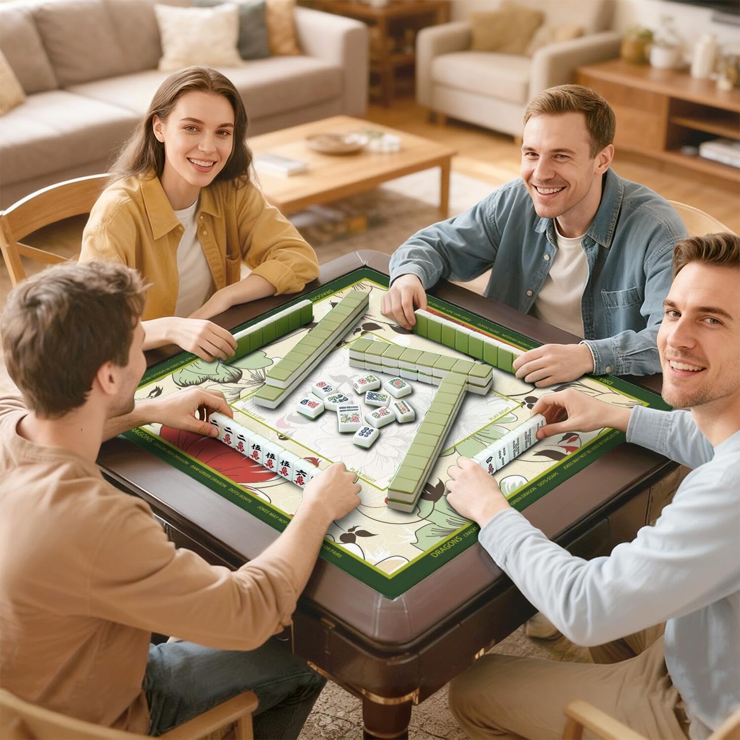 Flowers Mahjong Mat with Rules, 31.5*31.5in Anti Slip American Mahjong Mat for Table, Noise Reduction, Neoprene Mah jongg Mats with Carrying Bag & 3 Dices, Mahjong Supplies Gift, Board Tile Games Mats