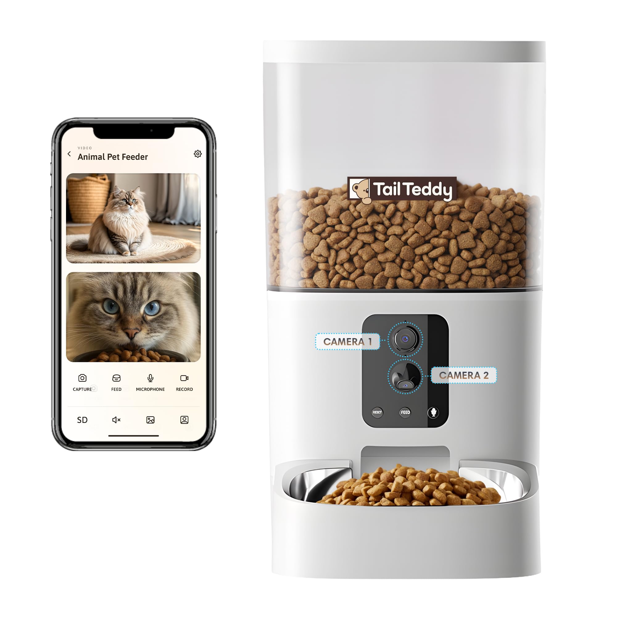 Automatic Cat Feeder with Dual Camera & AI Detection (6L), Smart Pet Feeder with WiFi App & Two-Way Audio, Timed Cat Feeder up to 6 Meals/Day, Stainless Steel Bowl & Battery Backup