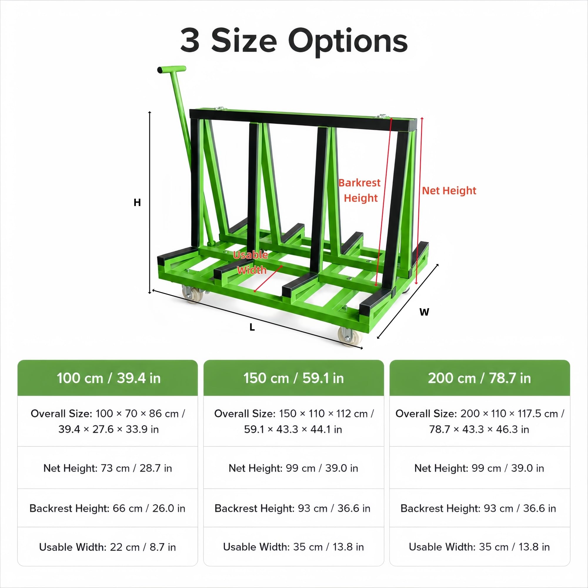 Plattenwagen mit Rollen for Glasplatten, Werkstatt und Lager | PVC-Kanten und Rohrrahmen, Griff und Rollen mit Bremse for Materialtransport im Lager(Green,200cm/78.7in)