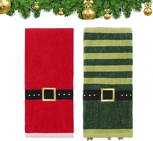 Miniatura 7 de Toallas de mano de baño, juego de 2, con Papá Noel rojo y elfo verde, diseño decorativo, 25 x 16 pulgadas, decoración de baño para las vacaciones